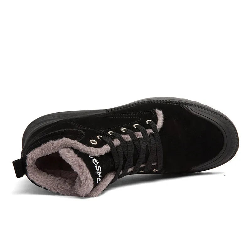 Men's winter warm plush ankle boots with suede upper, rubber sole, round toe, and front tie closure, available in multiple colours