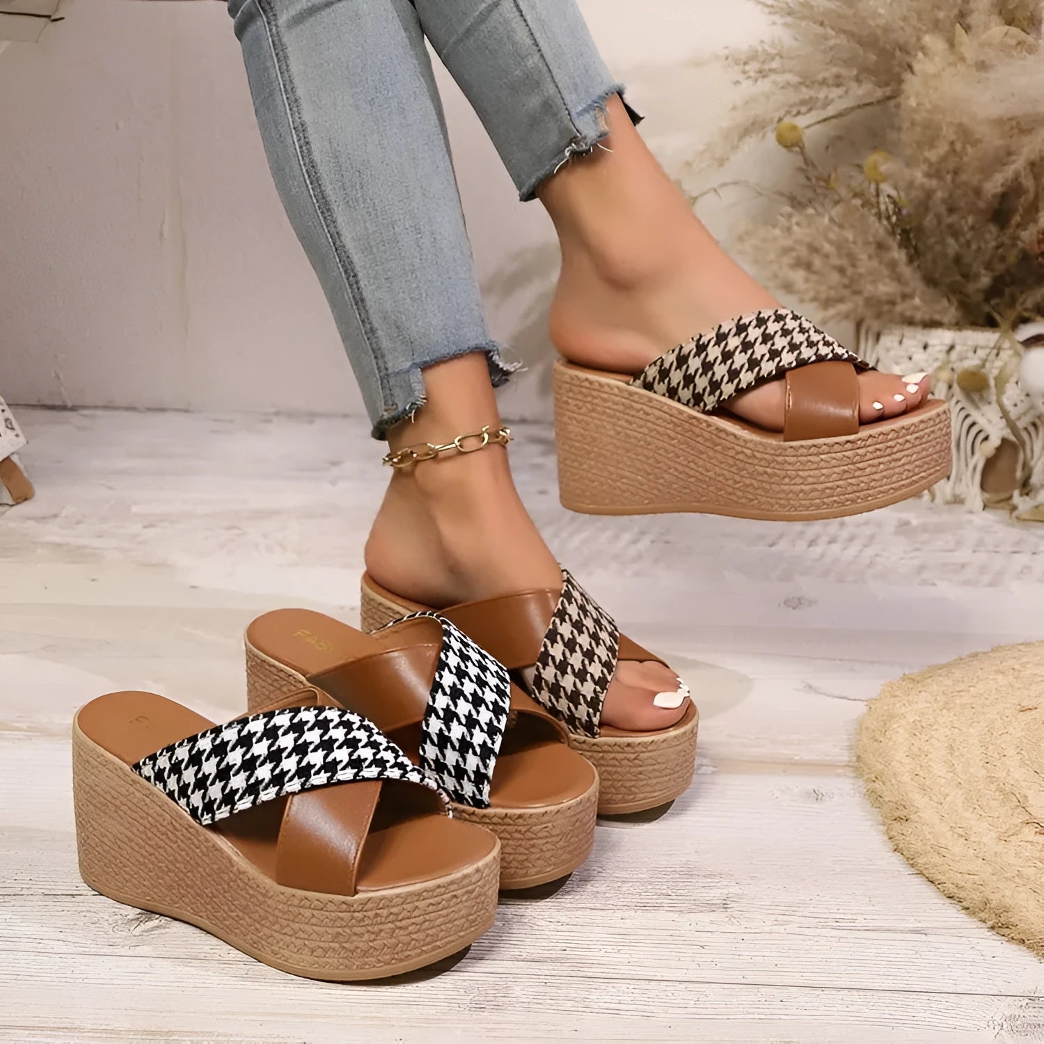 Casual brown and black plaid wedge sandals with a non-slip rubber sole.