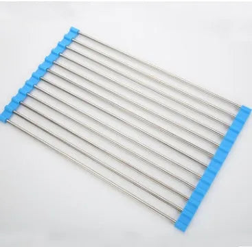 Folding stainless steel kitchen sink drying rack in red colour, shown extended for use.
