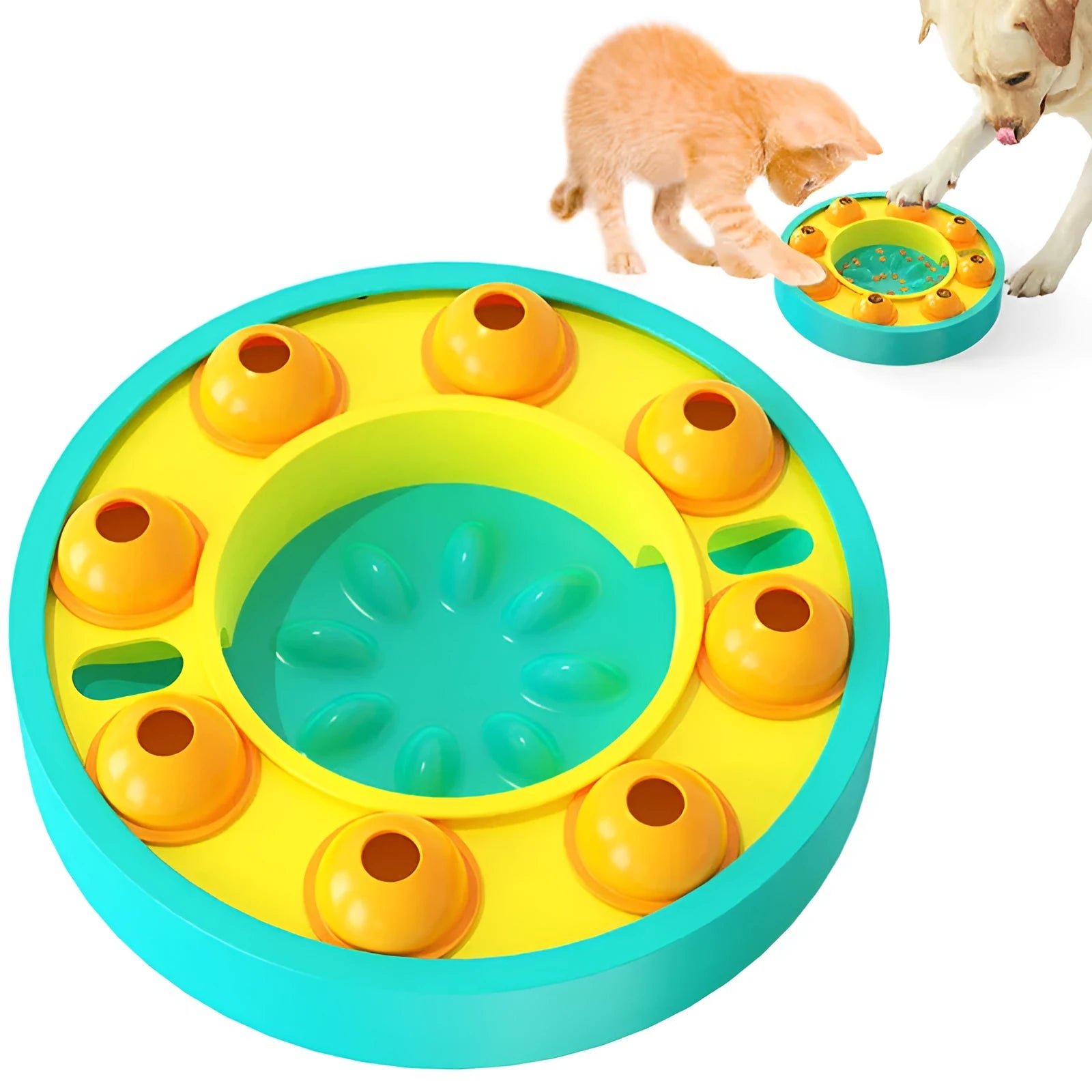 Lake Blue and Green interactive dog puzzle feeder bowl with slow-feeding column and non-slip rubber pads.