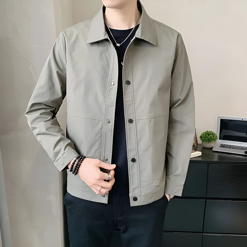 Men's single-layer Korean style polyester jacket in light gray, shown front-on.