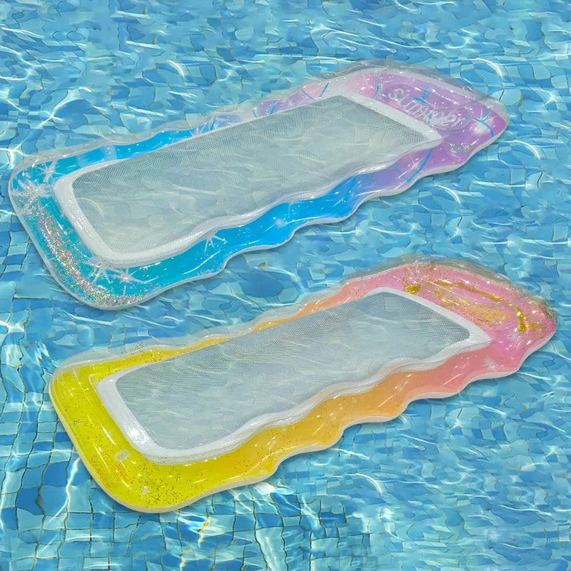 PVC inflatable floating row in multiple colourful designs including sequined patterns and canopy options