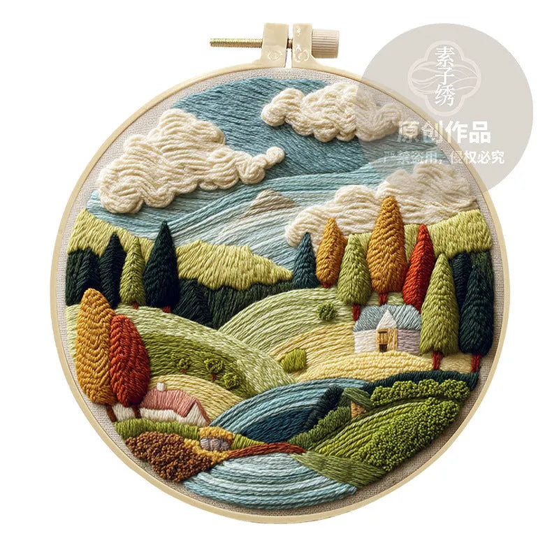 Embroidery DIY kit with 15cm bamboo frame, cotton linen fabric, and landscape design for handmade cloth art