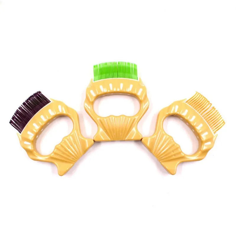 Green shell-shaped pet grooming brush with fine wire bristles on a white background.