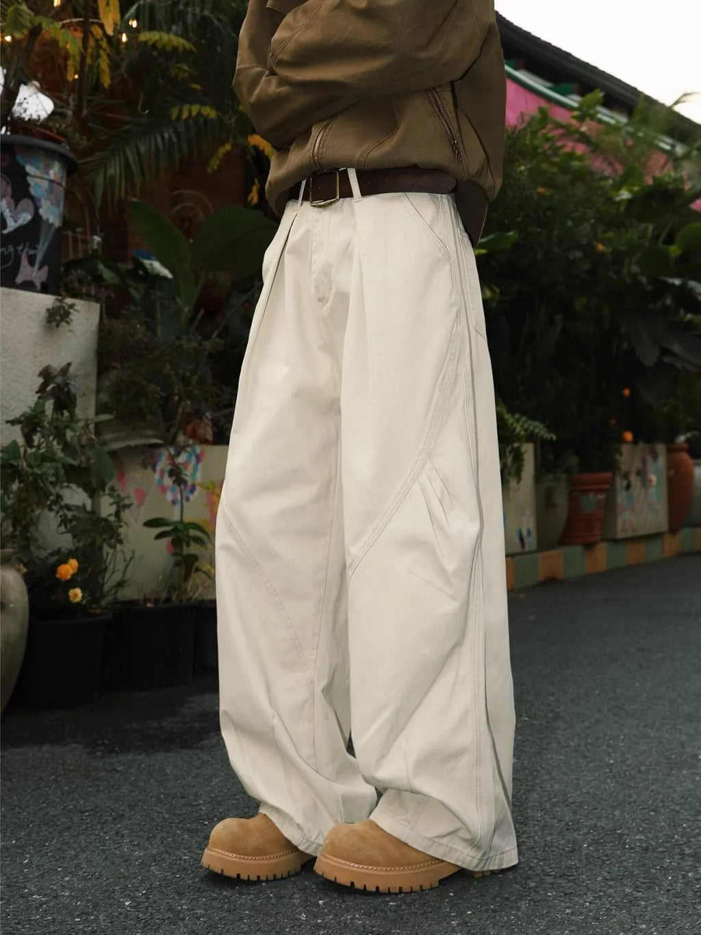 Men's straight leg pleated trousers with micro elastic waist in black, brown and apricot stripe patterns
