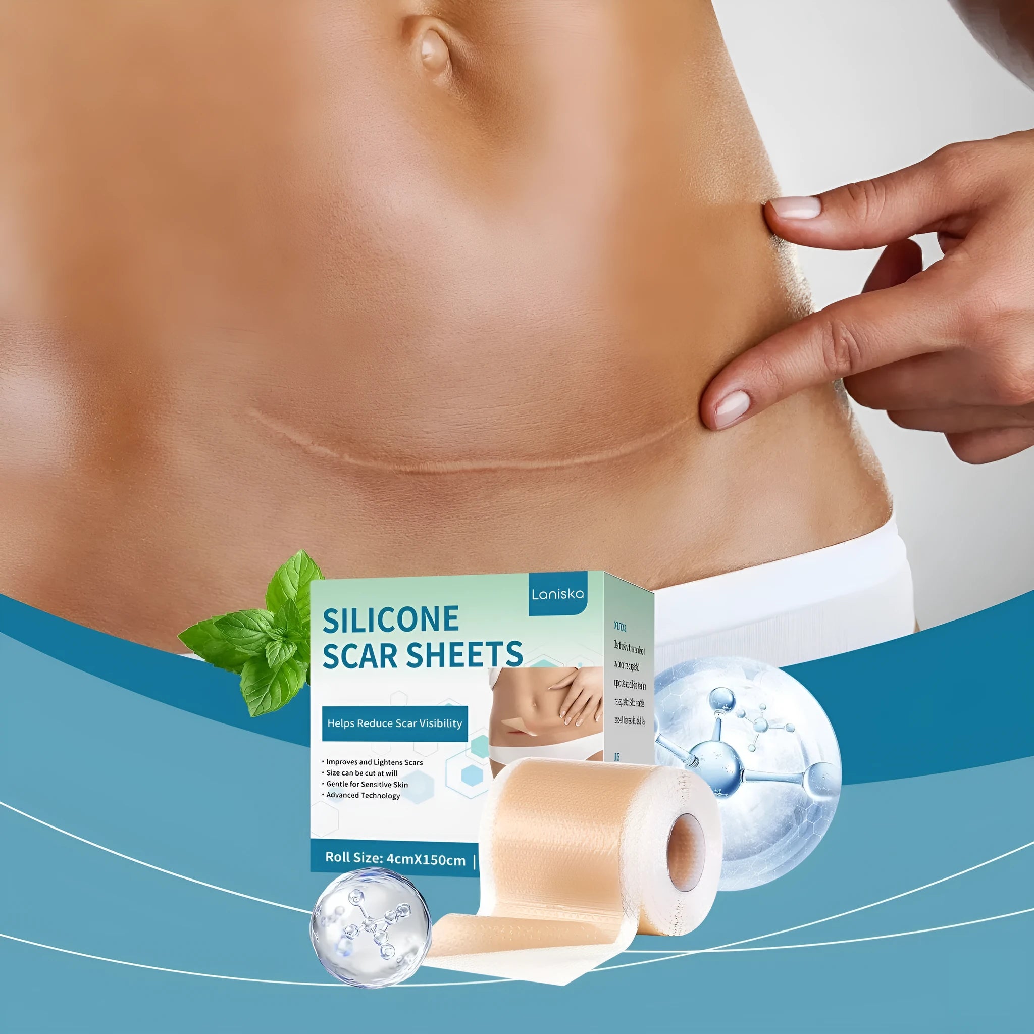 A single roll of smooth silicone scar paster for skin treatment with mint leaf extract.