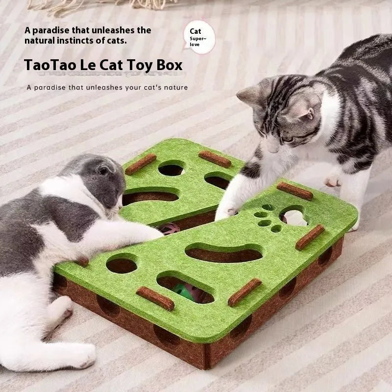 Handmade soft felt cat scratch toy box in green brown colour, measuring 30cm square.