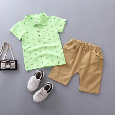 Anchor print children's cotton pantsuit set in Korean style with short sleeves and trousers