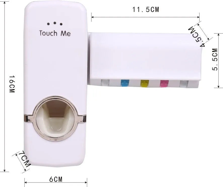 White wall-mounted bathroom set with a toothbrush holder and a pump-action toothpaste dispenser.