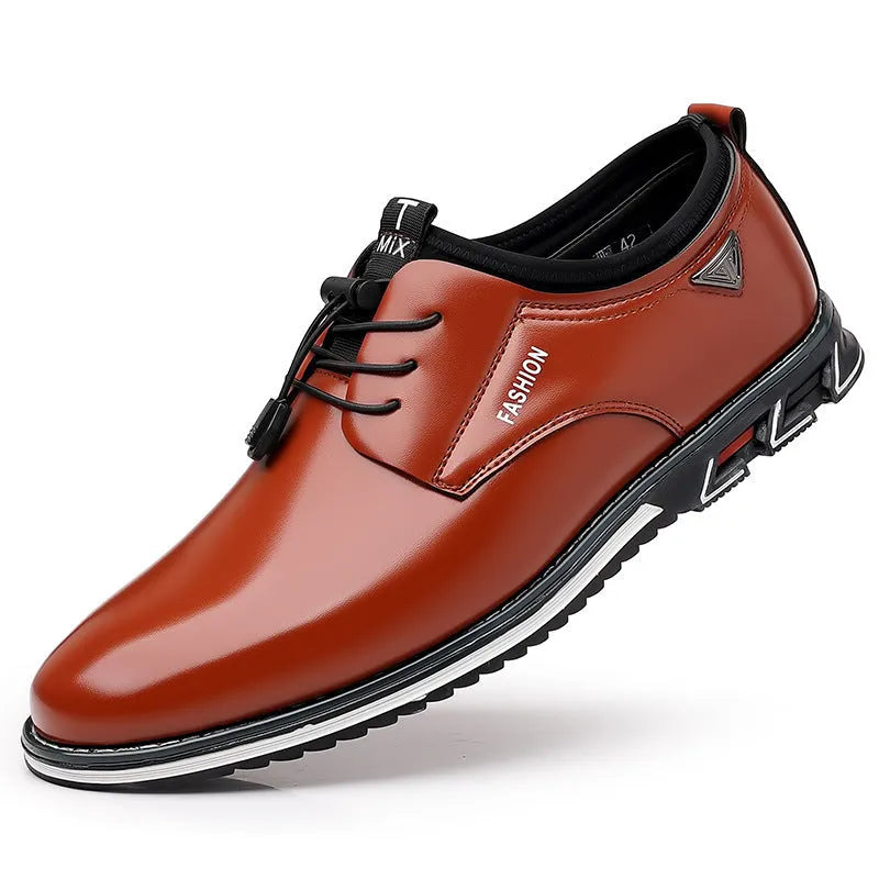Plus size men's casual leather shoes with artificial PU upper, elastic band, black colour, low top round toe, rubber sole, size 38 to 52