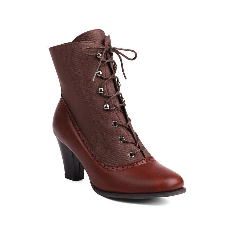 Retro British style cone heel Martin boots for women, artificial PU leather, front lace-up, available in brown