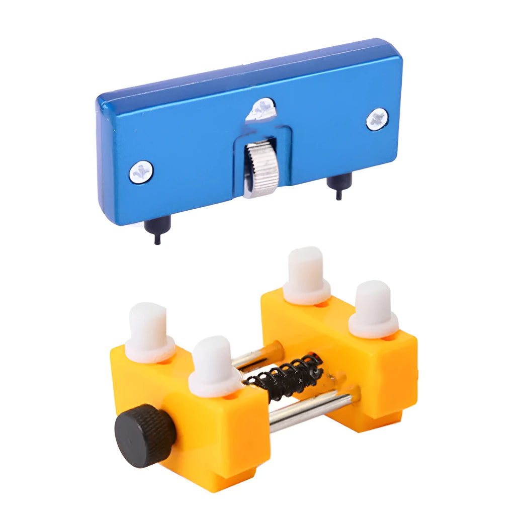 Yellow plastic watch repair kit with adjustable opener tool and fixing base