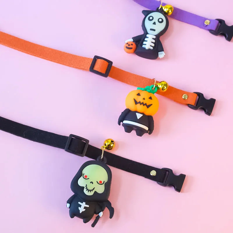 Halloween dog collar decoration showing pumpkin man, luminous brat, and luminous skull cartoon patterns on polyester fabric
