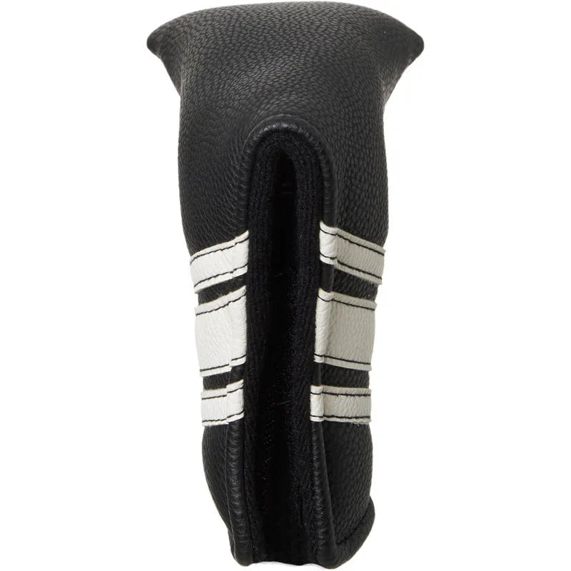 Black PU leather golf push rod sleeve case for storing a club head cover.