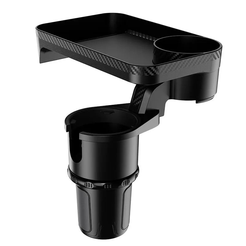 Black rotating car dinner tray holder mounted in a vehicle cup holder.