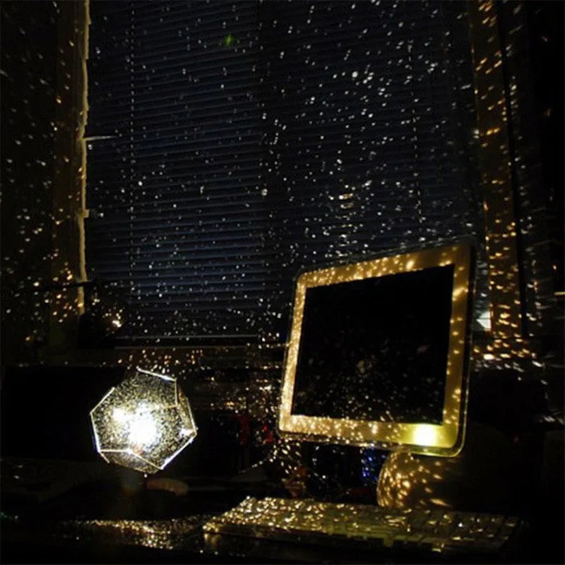 LED starry sky projector showing constellation projection on bedroom ceiling with remote control