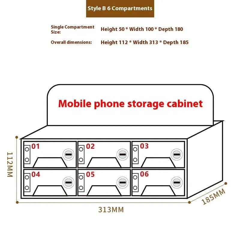 Clear acrylic mobile phone storage cabinet with charging holes, multiple compartments for office desk organisation
