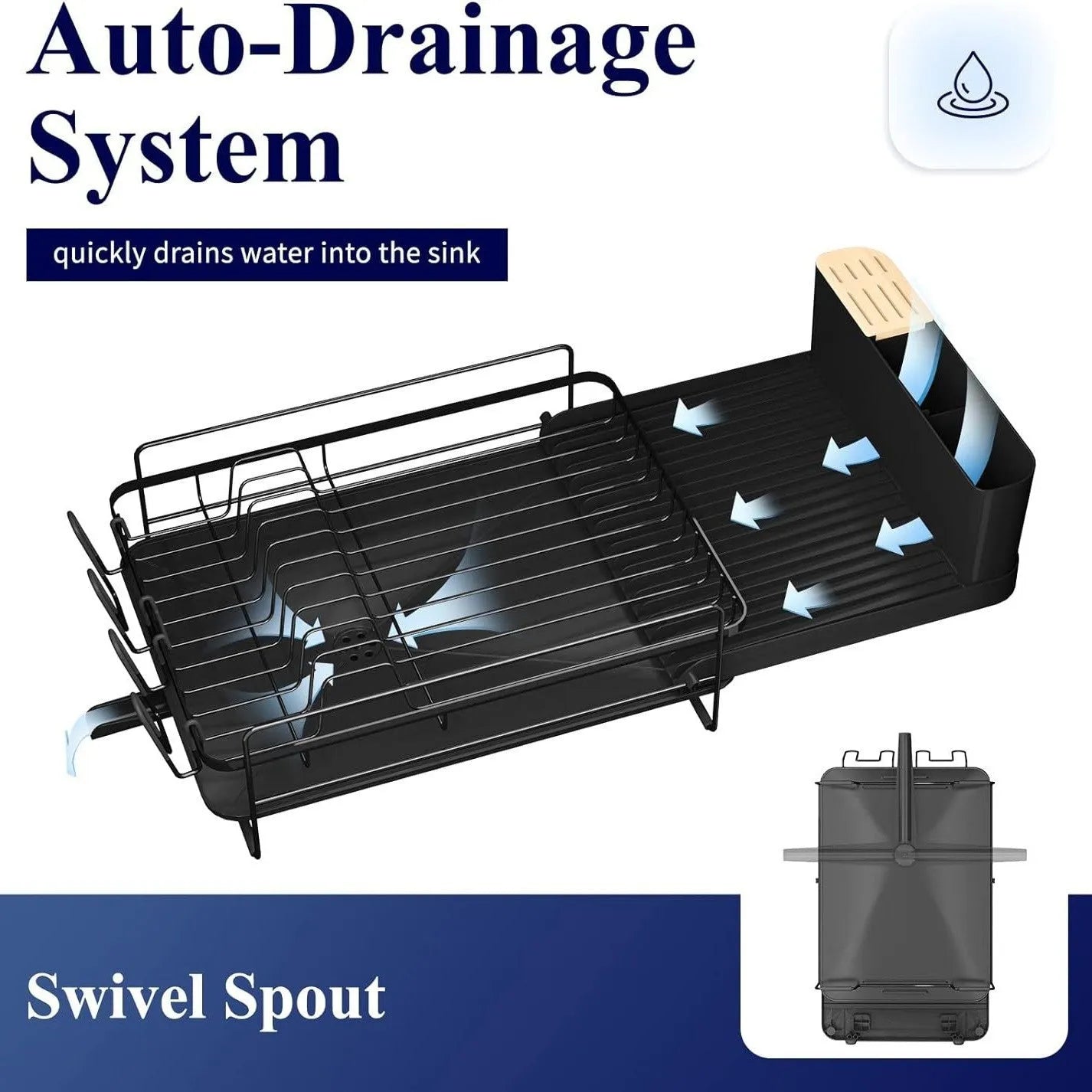 Black retractable kitchen dish drying rack for cutlery and utensils