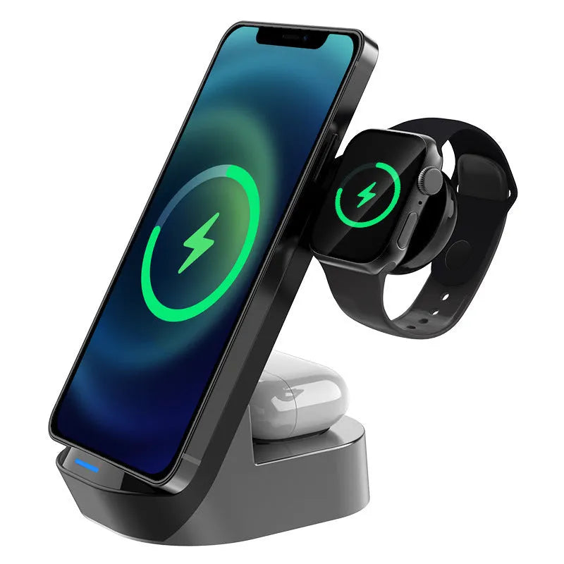 Black grey foldable 3-in-1 wireless charging stand for iPhone, Apple Watch and AirPods case.