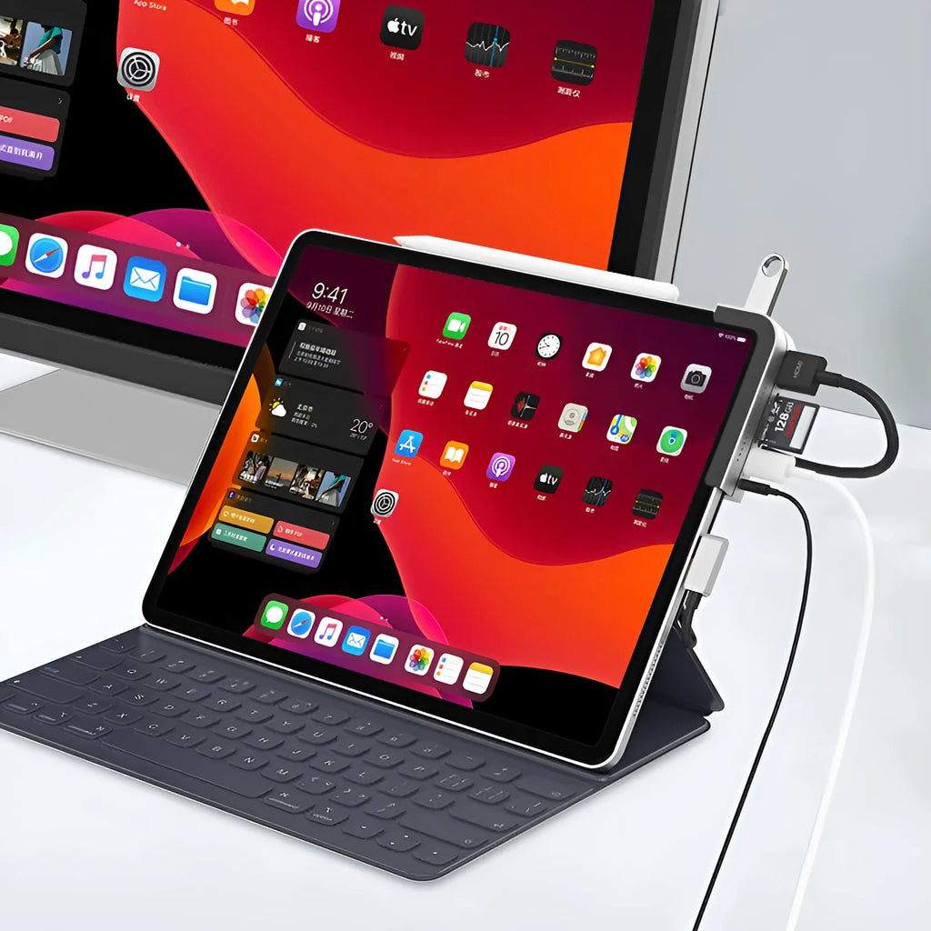 Silver aluminium grey 6-in-1 USB-C docking station and hub for iPad Pro tablets