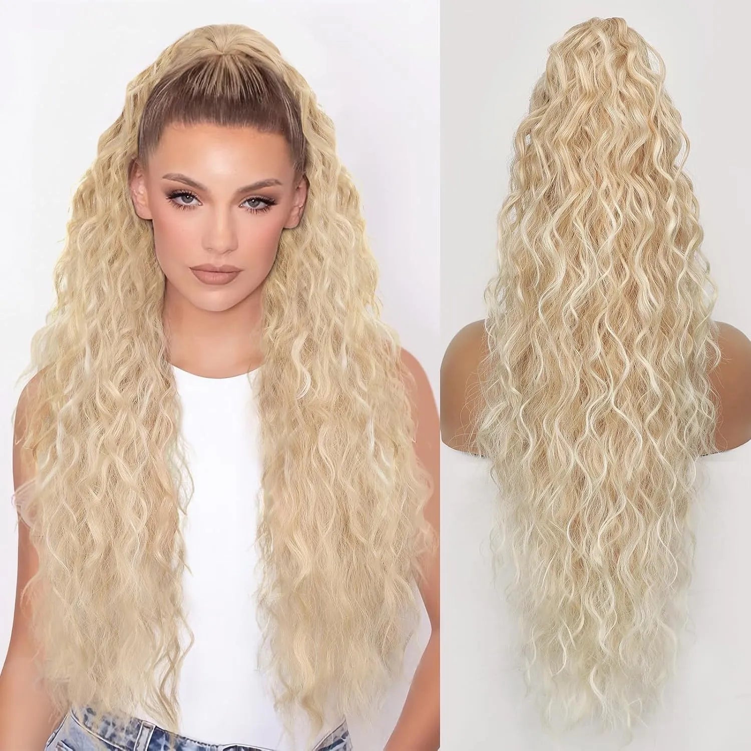 Long curly synthetic ponytail wig in high temperature fibre, 30 inches in length.