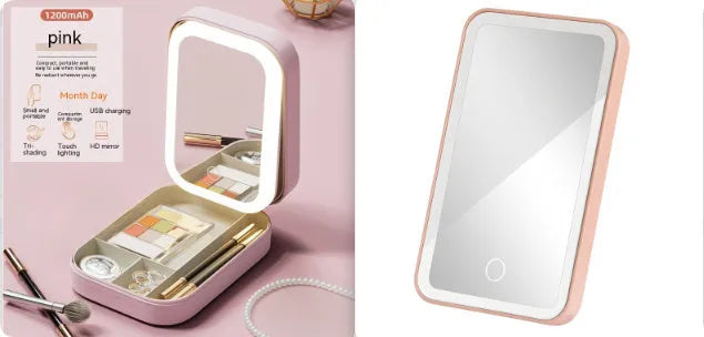 Makeup storage box with LED light mirror showing cherry blossom pink colour and storage compartment