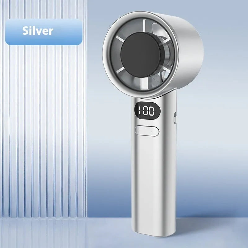Handheld fan with variable speed control, shown in one of four colour options: green, khaki, silver, or white.