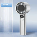 Handheld fan with variable speed control, shown in one of four colour options: green, khaki, silver, or white.