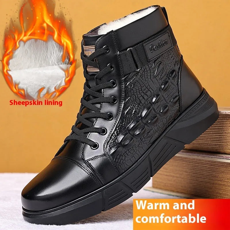 Men's black snow boots with fur trim, genuine leather upper, and rubber soles with lace-up closure