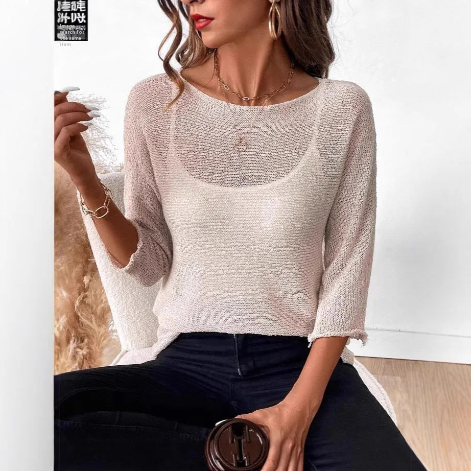 Women's off-shoulder knitted overall in thin fabric with 3D pattern and 3/4 sleeves
