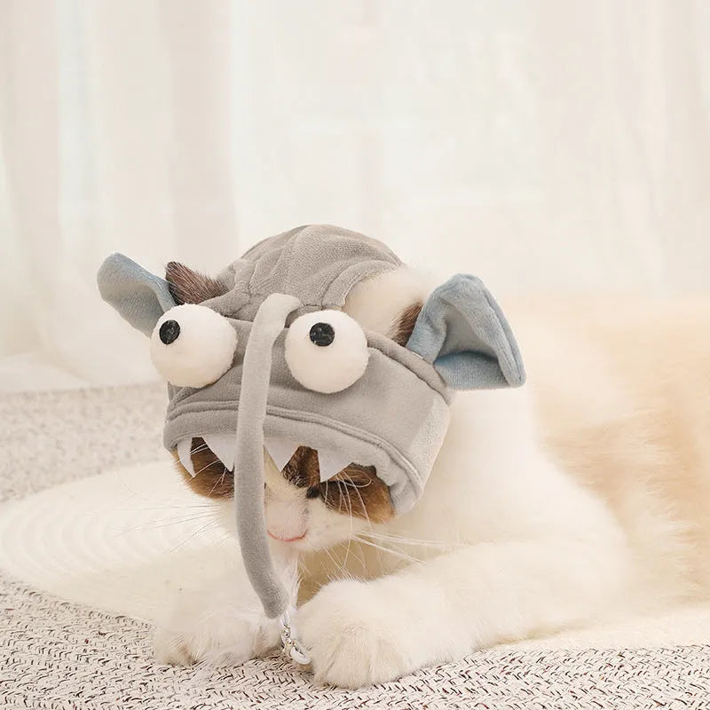 Grey dinosaur feather head teaser cat toy with adjustable neck strap for hands-free indoor play.