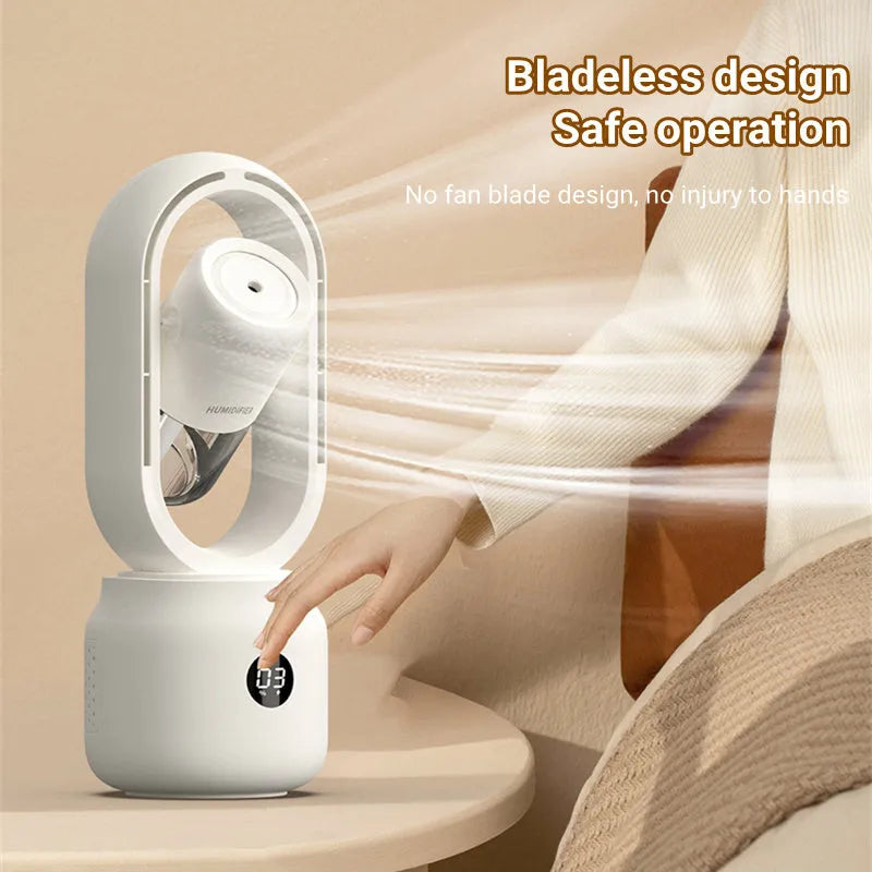 White bladeless table fan with humidifier tank on desk showing up-down oscillation