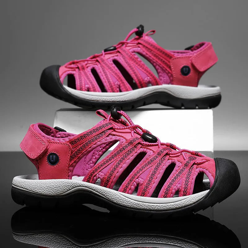 Women's black leather mesh toe box sandals with elastic band fastening