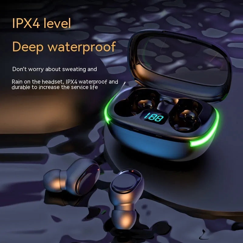 Black Y80 wireless Bluetooth in-ear earphones with digital display showing power level
