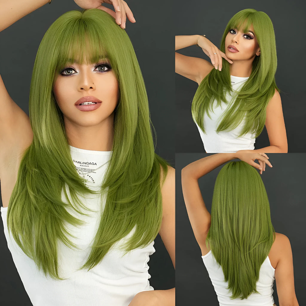 Vanilla green long straight women's wig with bangs, 63 cm silk fibre