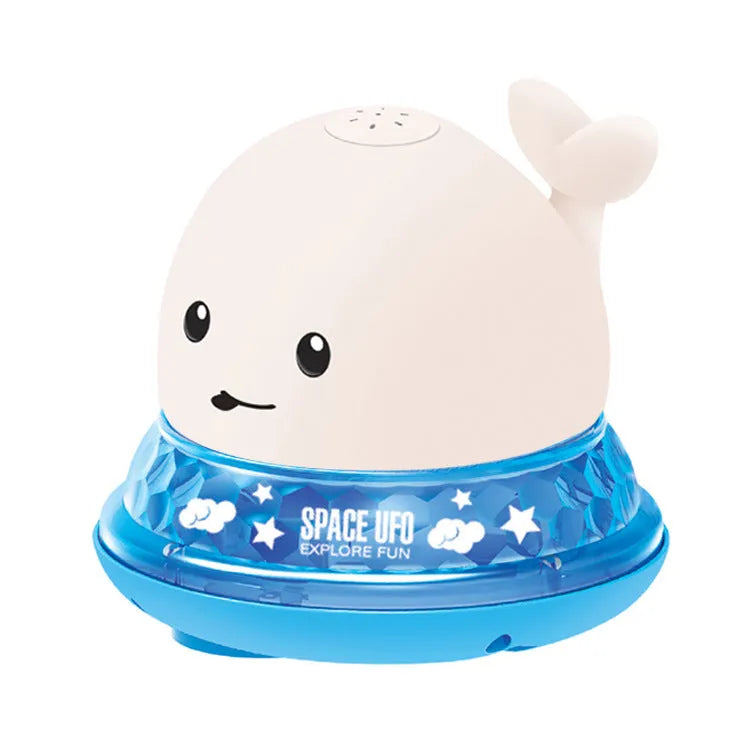 Grey or white cartoon whale bath toy that sprays water with LED lights and music