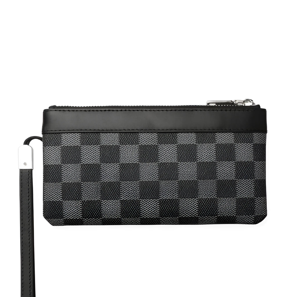 Black genuine cowhide leather men's clutch wallet measuring 20 by 10 centimetres