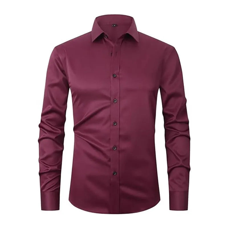 Men's stretch polyester long sleeve work shirt in multiple colours with button-front and crew neck design