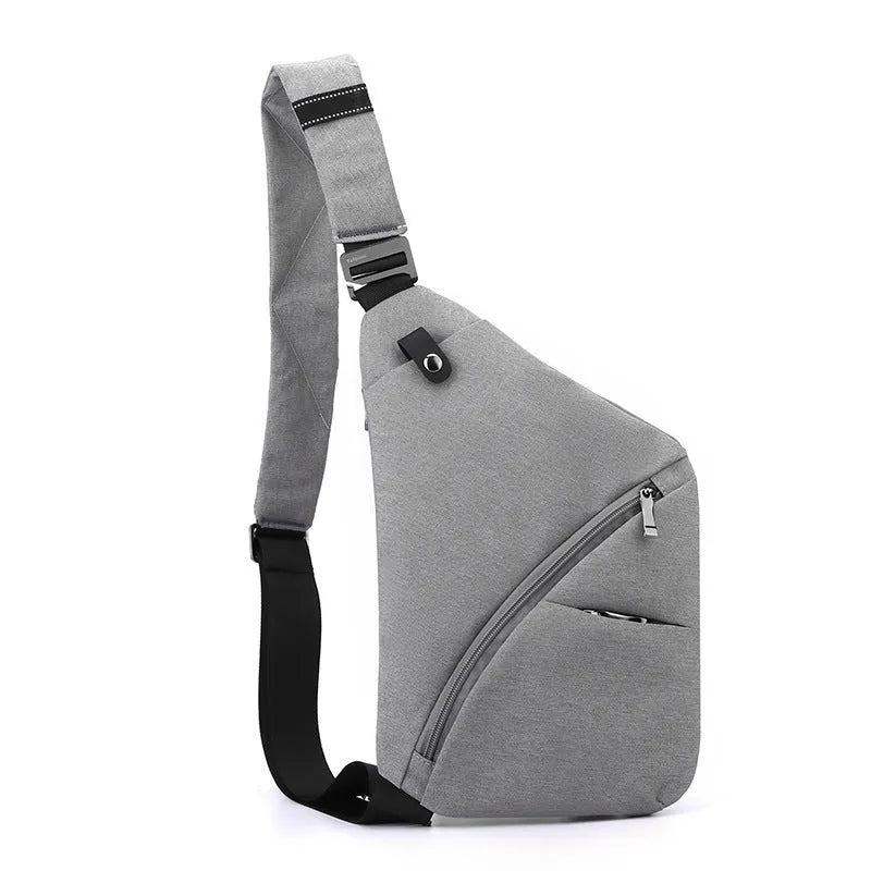 Men's grey Oxford cloth chest bag with single shoulder strap worn cross-body