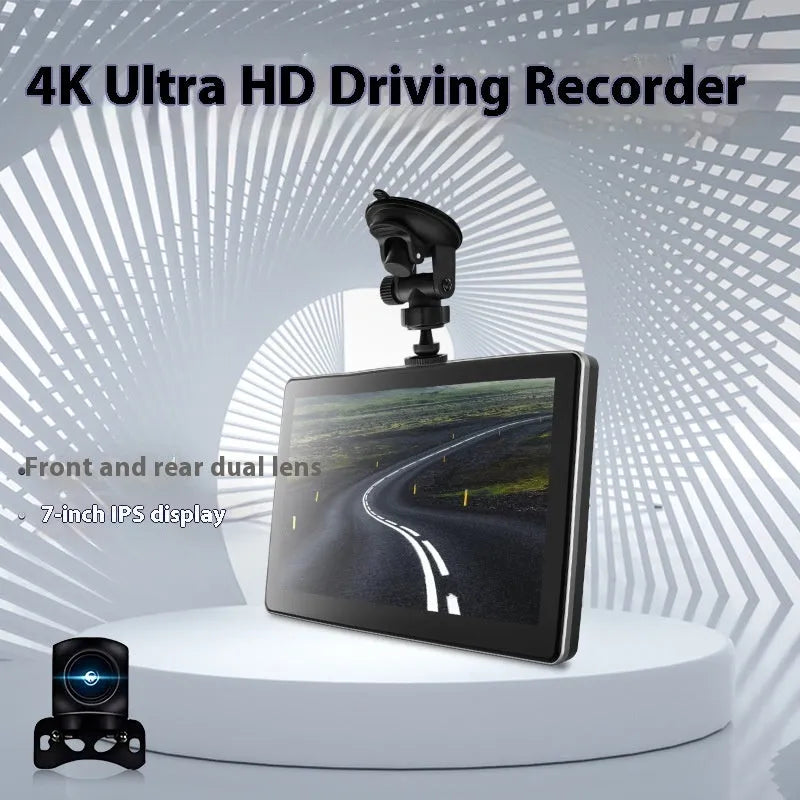 7-inch black wireless CarPlay dash camera with touch screen and wide-angle lens
