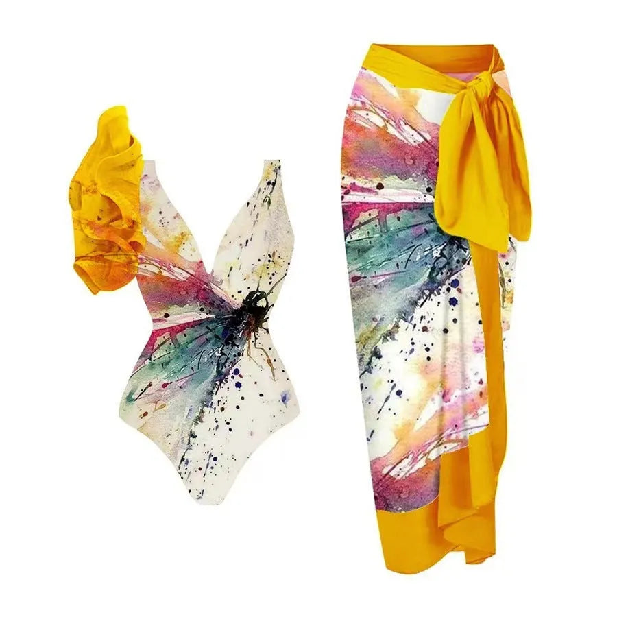 Yellow women's one-piece swimsuit with conservative design concealing belly area, sleeveless briefs style