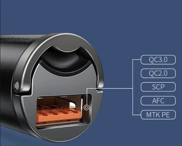Electro-optical grey single USB port 30W car charger with 1 metre cable.