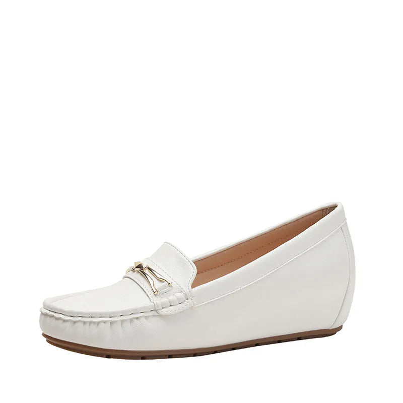 Men's black casual slip-on shoe with a built-in height increasing insole and a round toe design.