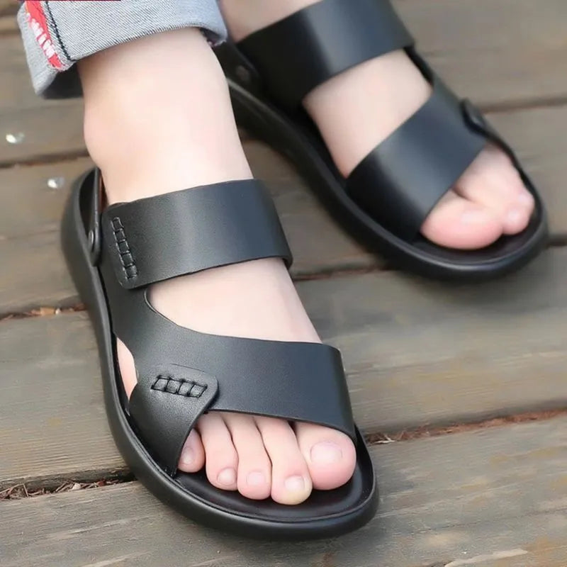 Men's brown and black waterproof casual sandals with plastic upper, shown in sizes 39 to 45.
