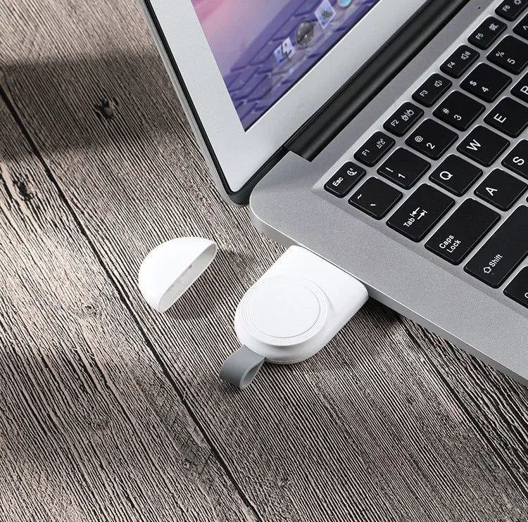 Portable white Apple Watch wireless charging dock with USB cable