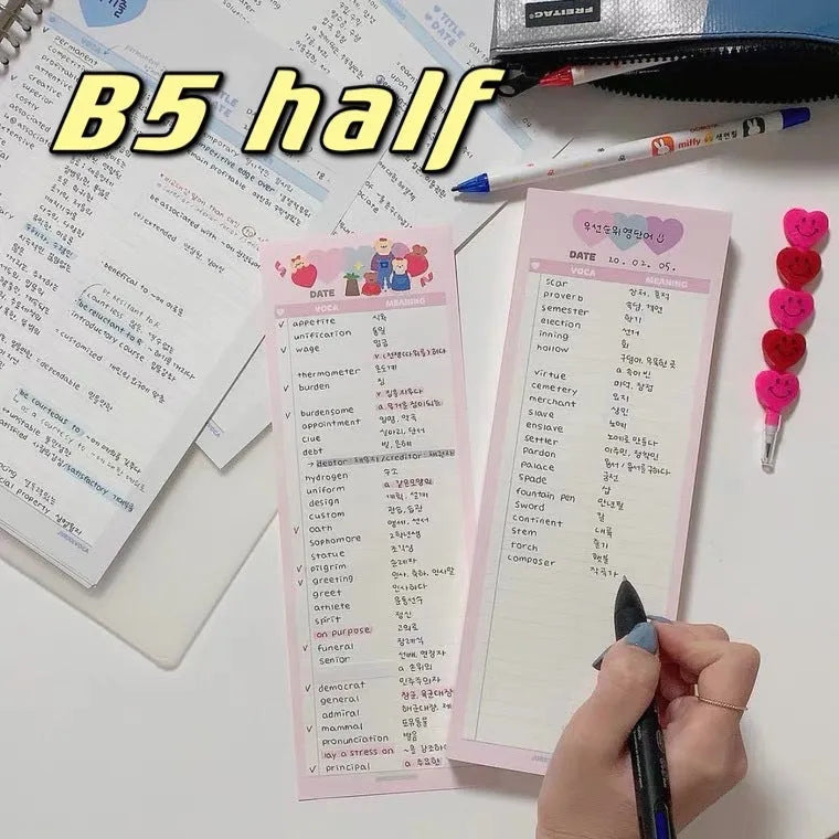 Vertical English words learning notepad with half B5 size measuring 9.1 by 25.7cm