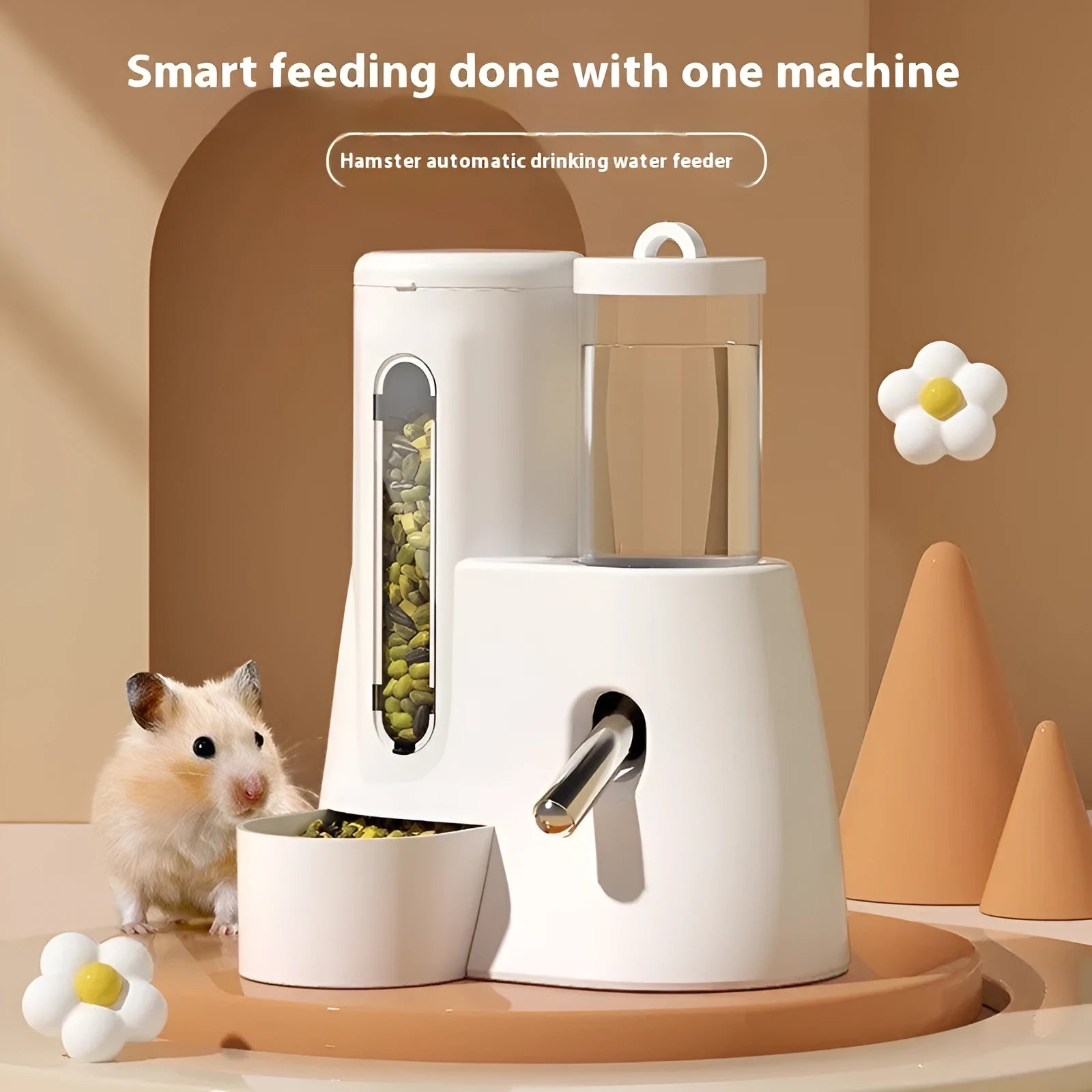 White, blue, and pink automatic hamster water feeder with attached food basin.