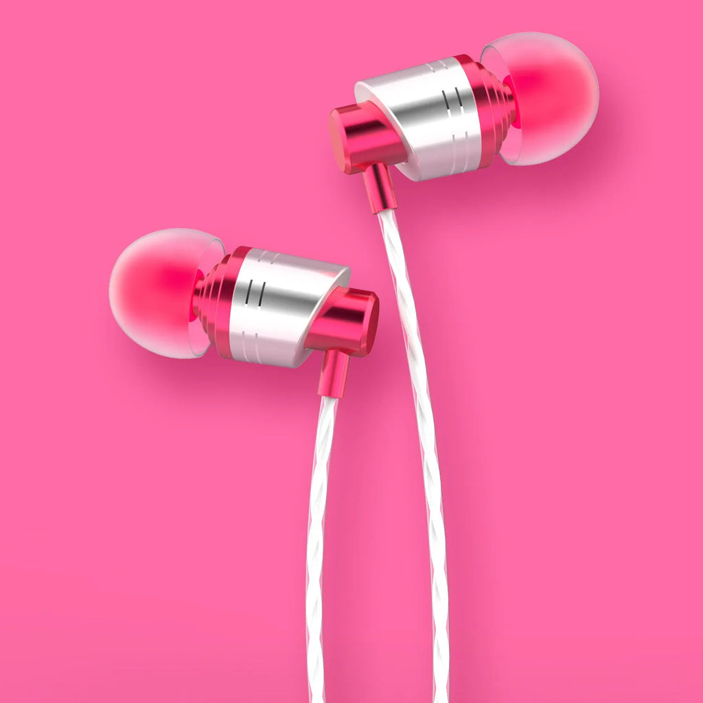 Black wired earphones with silicone earbuds, a 3.5mm plug, and an inline microphone on the cable.