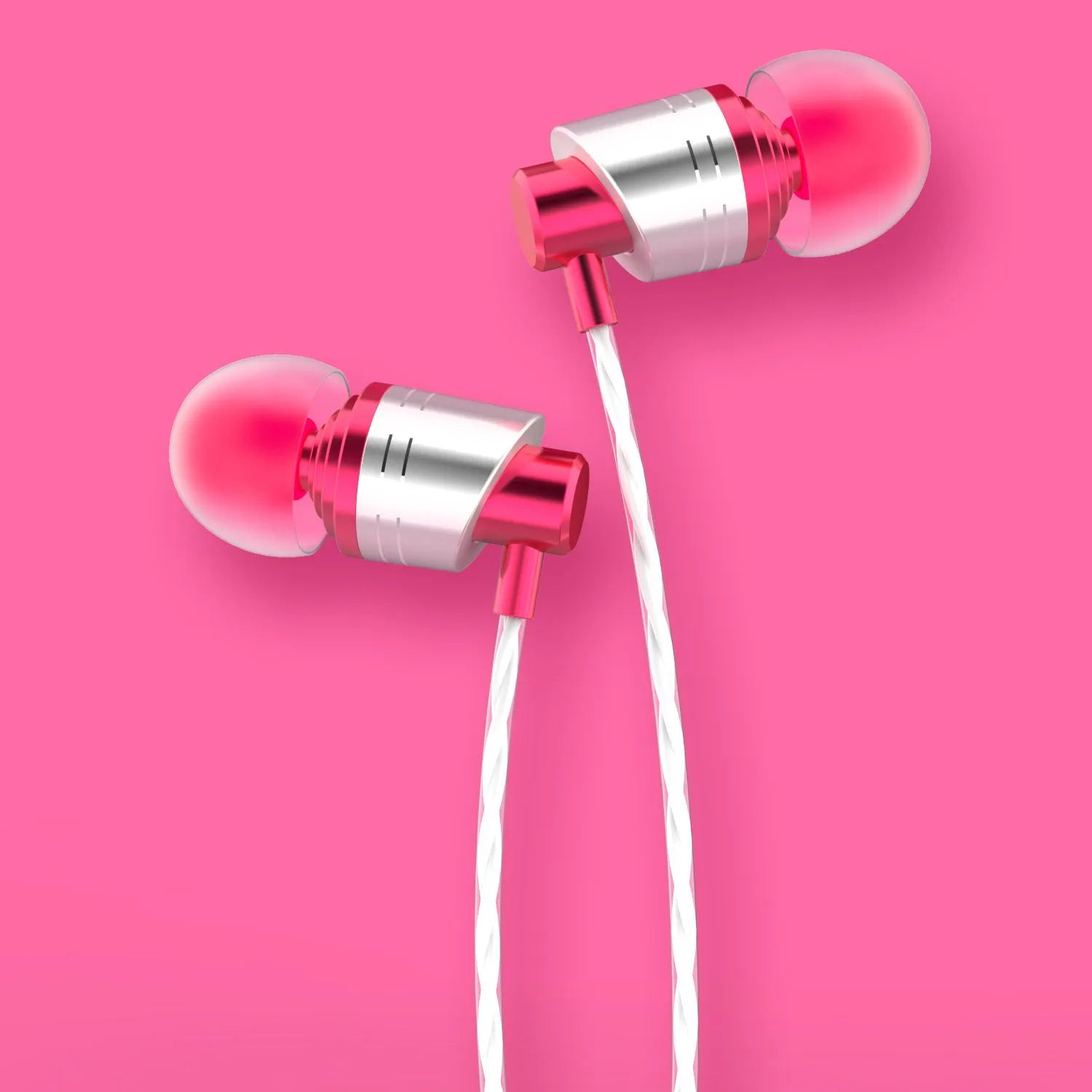 Black wired earphones with silicone earbuds, a 3.5mm plug, and an inline microphone on the cable.