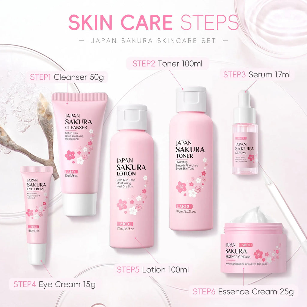 Cherry blossom skin care 6-piece set with cleanser, toner, cream, serums and eye cream
